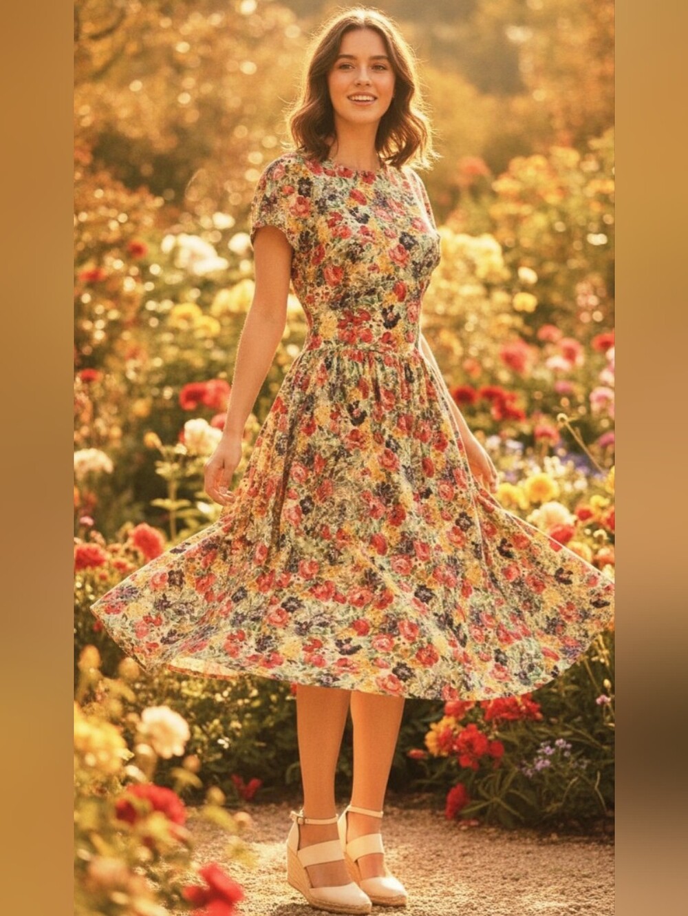 Vintage 1980s Floral Garden Dress Smocked Waist Cap Sleeves Custom Made Sz. 10